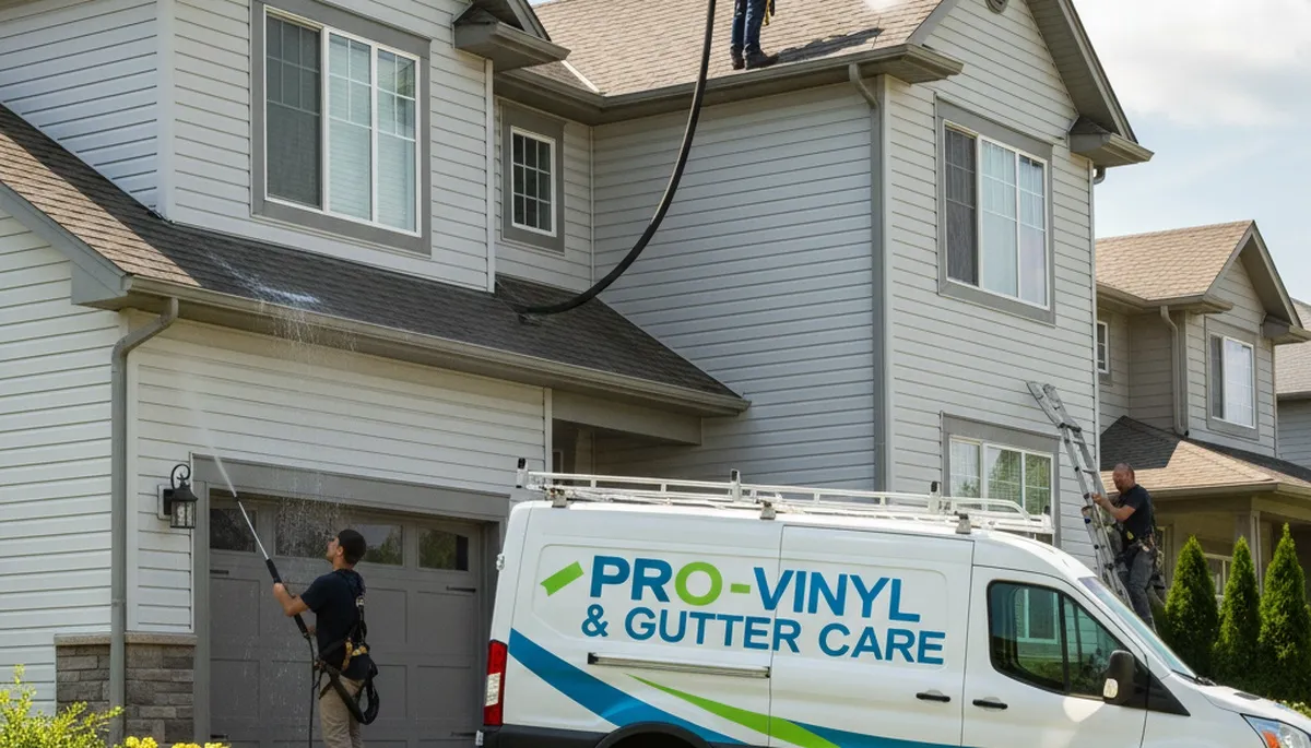 Technician cleaning home gutters in Greenville, NC for Next Level Exteriors vinyl siding service