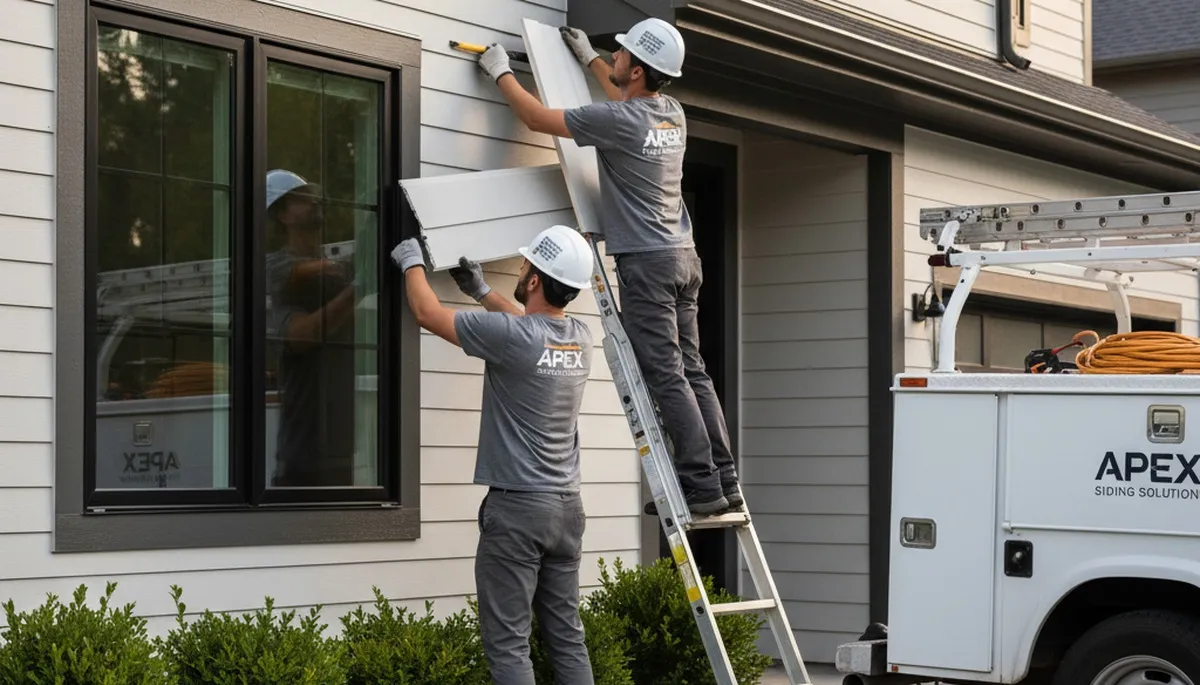 Technician repairing cracked vinyl siding on Greenville NC home exterior