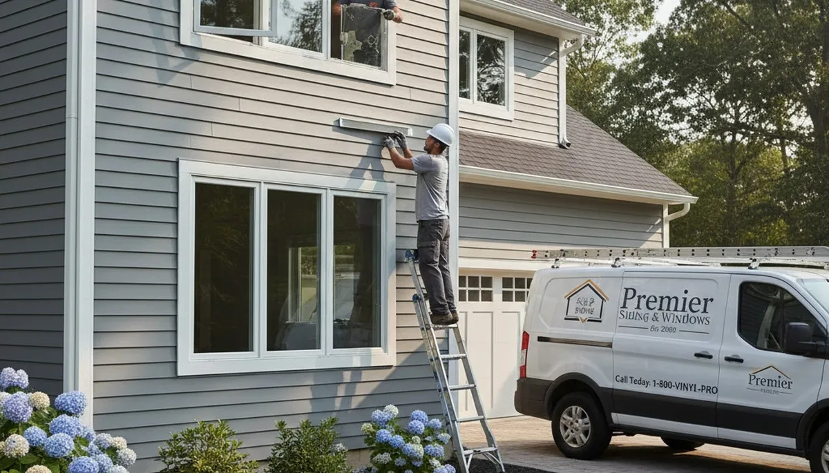 Technician repairing residential window frame in Greenville, NC for Next Level Exteriors vinyl siding service